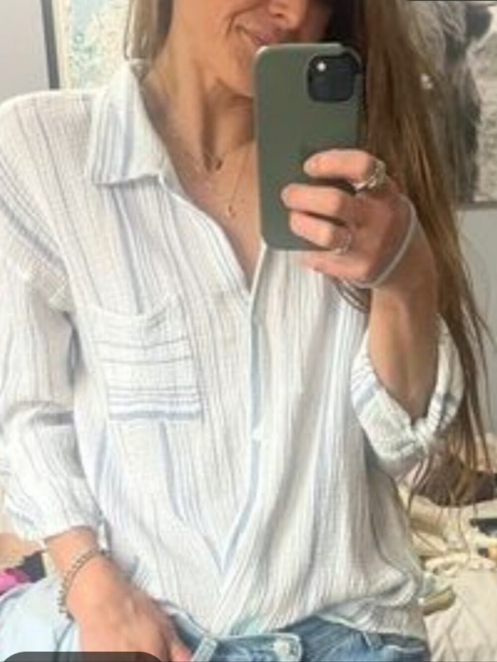 White & Blue Stripe Cotton Gauze Button Down S - Picture 2 of 7